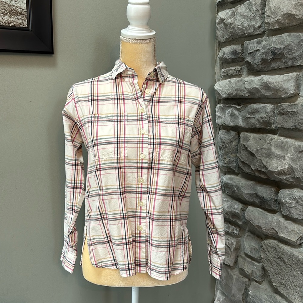 LOFT button down shirt, NWOT, pastel plaid, XXSP